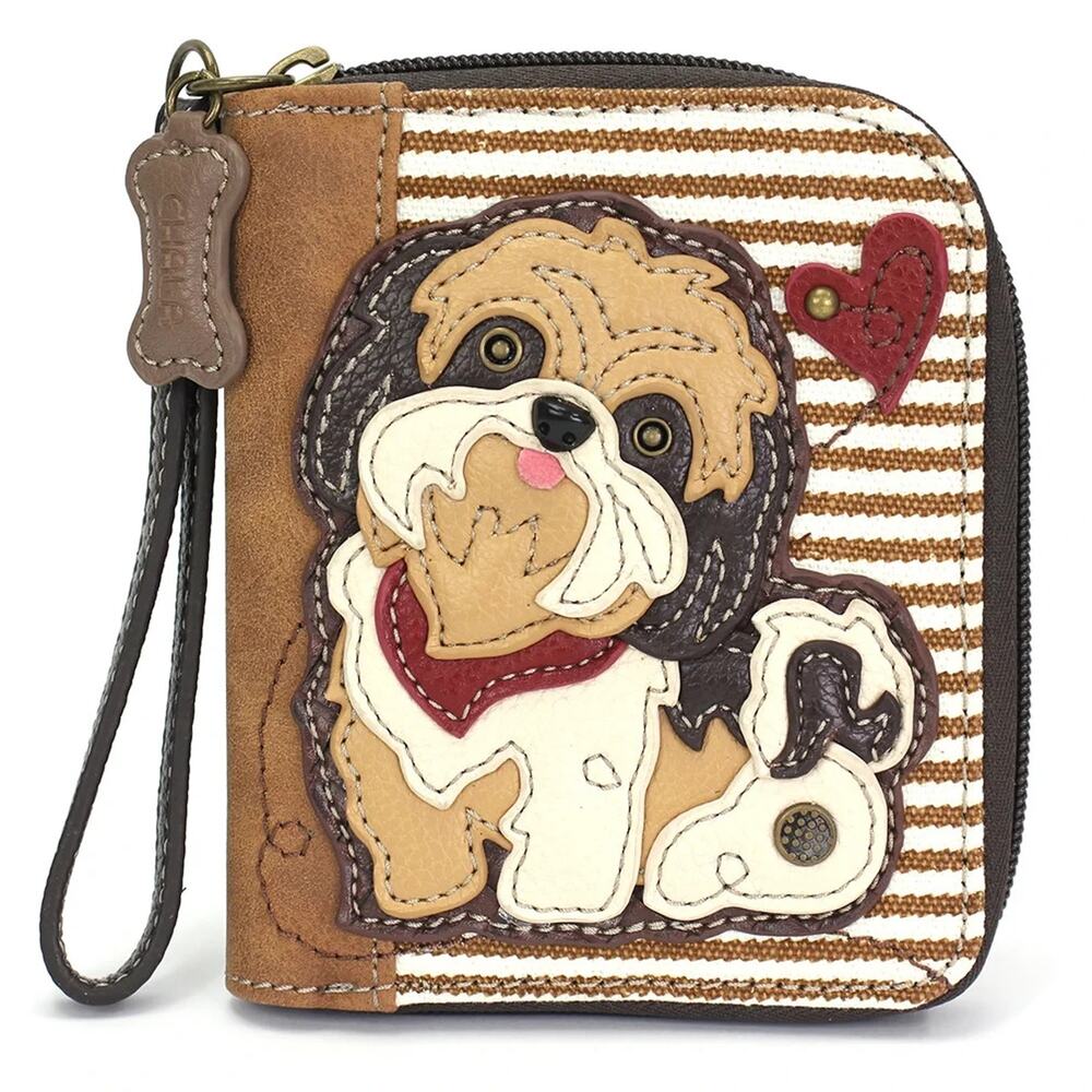Chala Zip Around Faux Leather Wallet Wristlet - Brown Shih Tzu, Brown Stripe NWT